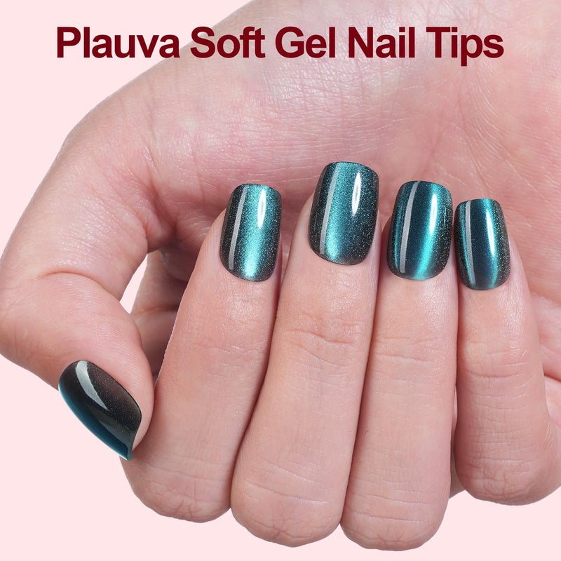 Plauva 150Pcs Cat Eye Press on Nails Short Square, Soft Gel Fake Nails, Glossy Glitter Cat Eye Nail Tips for Women and Girls Stick On Nails in 15 Sizes - Image 4